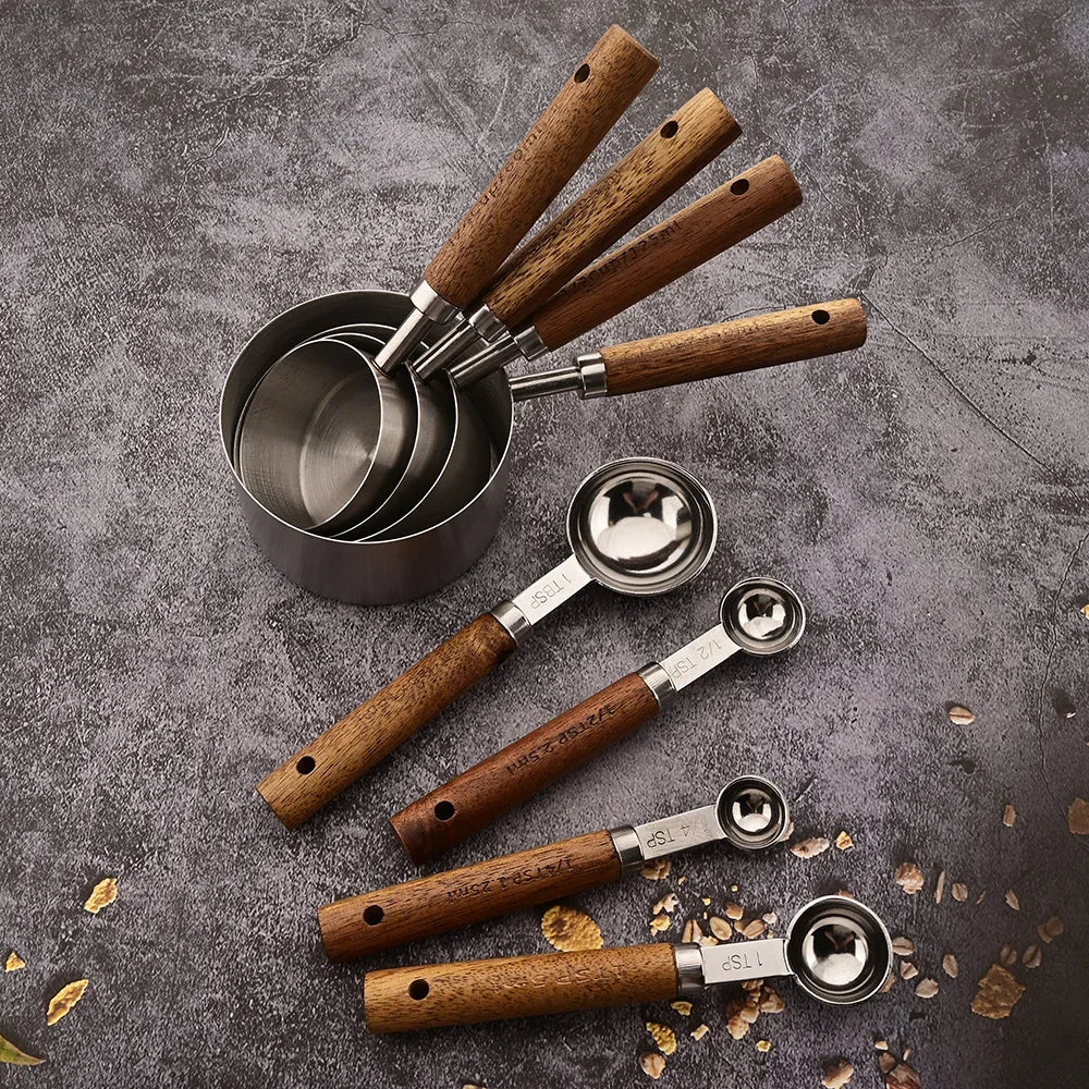 1/4/8PCS Measuring Cup Spoon Set – Stainless Steel with Wooden Handle, Coffee, Flour, Bartending & Kitchen Cooking Gadget