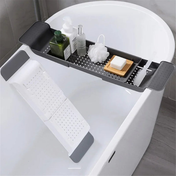 Extendable Bamboo Bathtub Tray – Bath Caddy Rack with Book, Towel & Accessory Holder