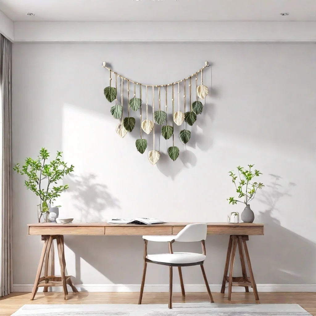 Boho Macramé Leaf Wall Hanging – Feather Tapestry Décor for Living Room or Bedroom