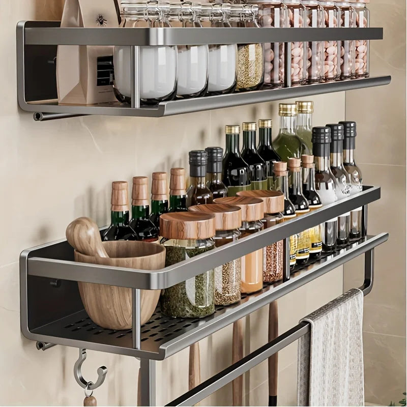 Aluminum Wall-Mounted Shelf – Multifunctional Kitchen Spice Storage Rack, Kitchen Space Management Solution