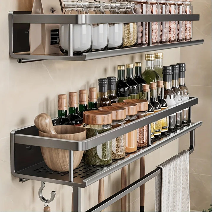 Aluminum Wall-Mounted Shelf – Multifunctional Kitchen Spice Storage Rack, Kitchen Space Management Solution