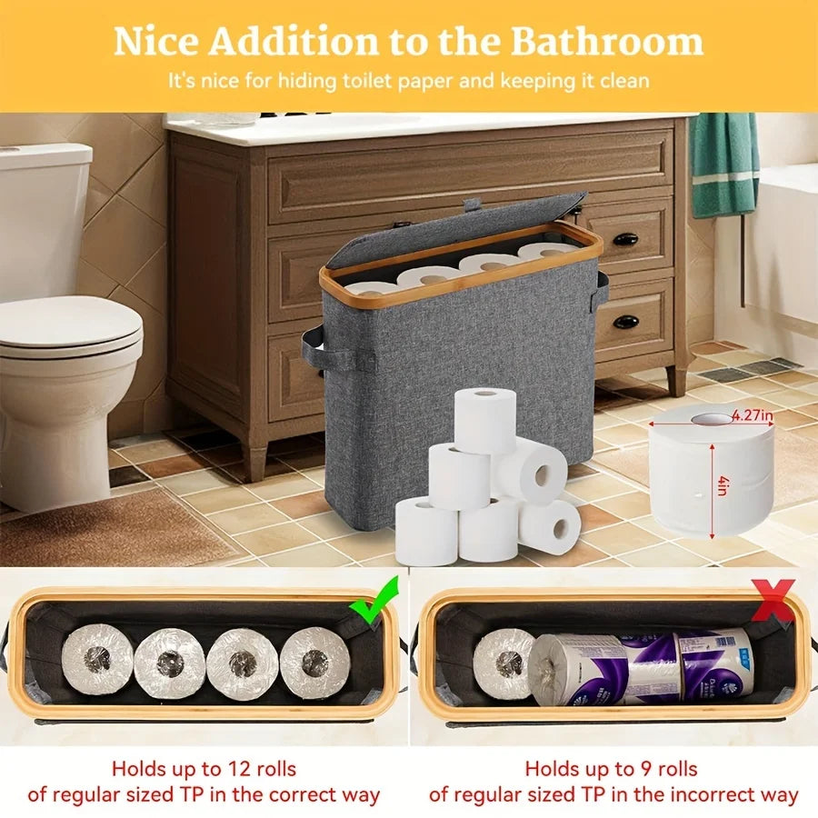 Bamboo Toilet Paper Holder with Lid – Enclosed Tissue Storage Box with Handle