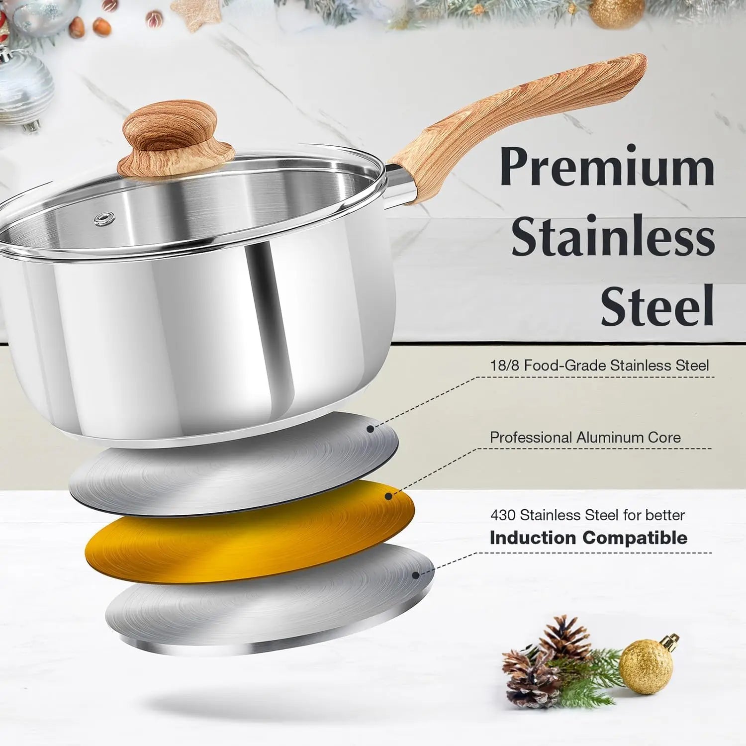 Stainless Steel Saucepan Set – 4-Piece Set with 1 QT & 2 QT Saucepans, Cool-Touch Bakelite Handles, Lids Included