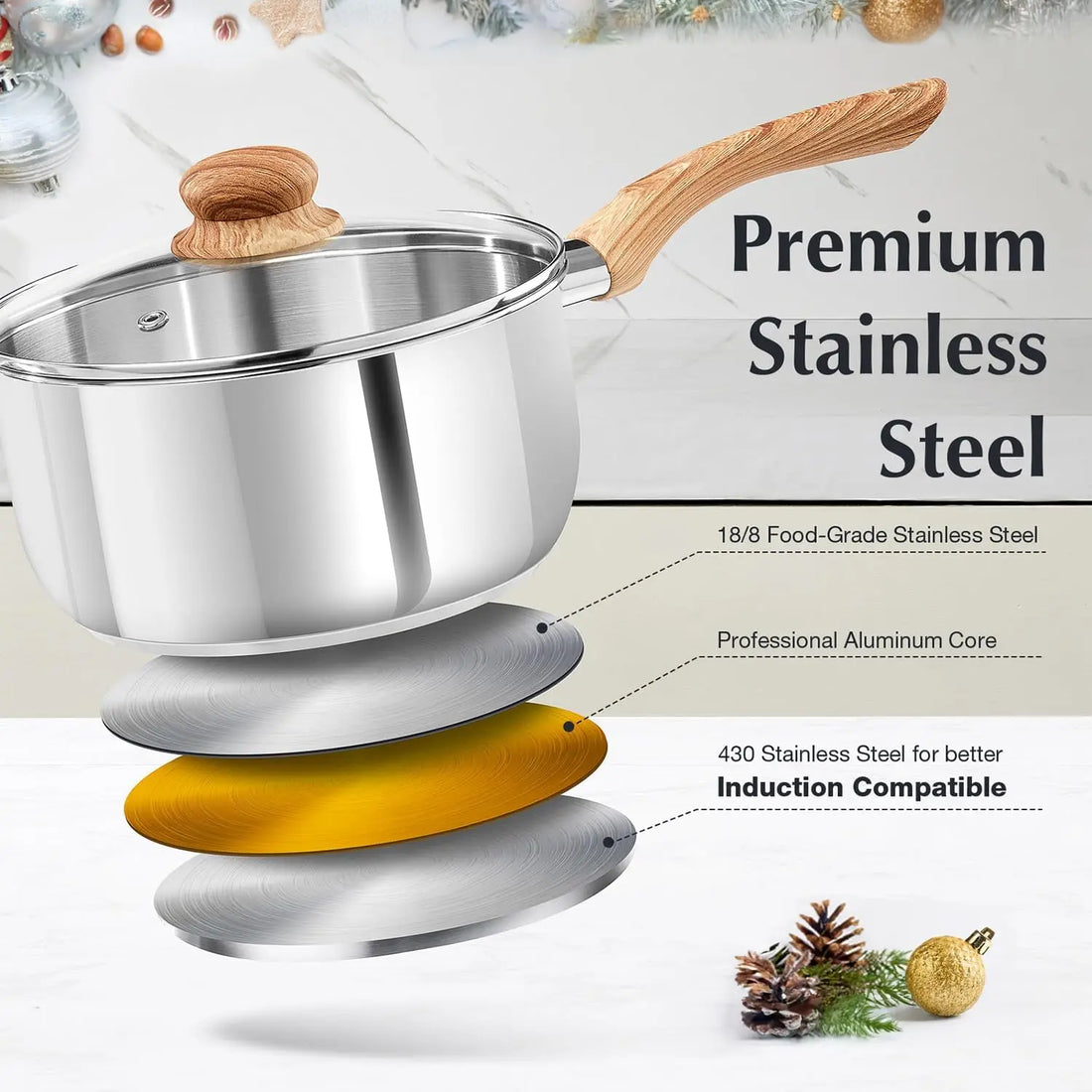 Stainless Steel Saucepan Set – 4-Piece Set with 1 QT & 2 QT Saucepans, Cool-Touch Bakelite Handles, Lids Included