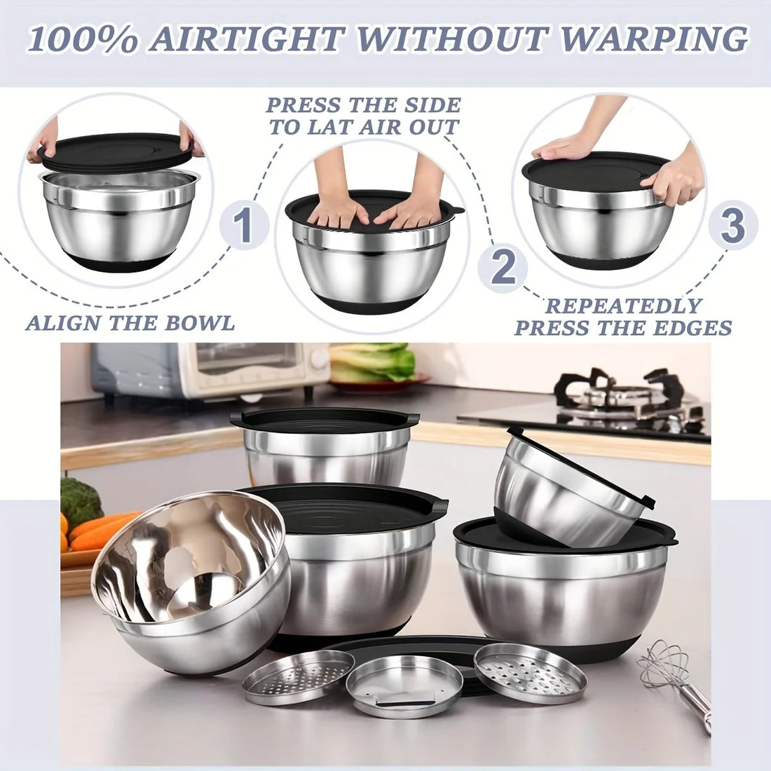 8pcs Stainless Steel Mixing Bowls with Airtight Lids – Set of Black Kitchen Bowls