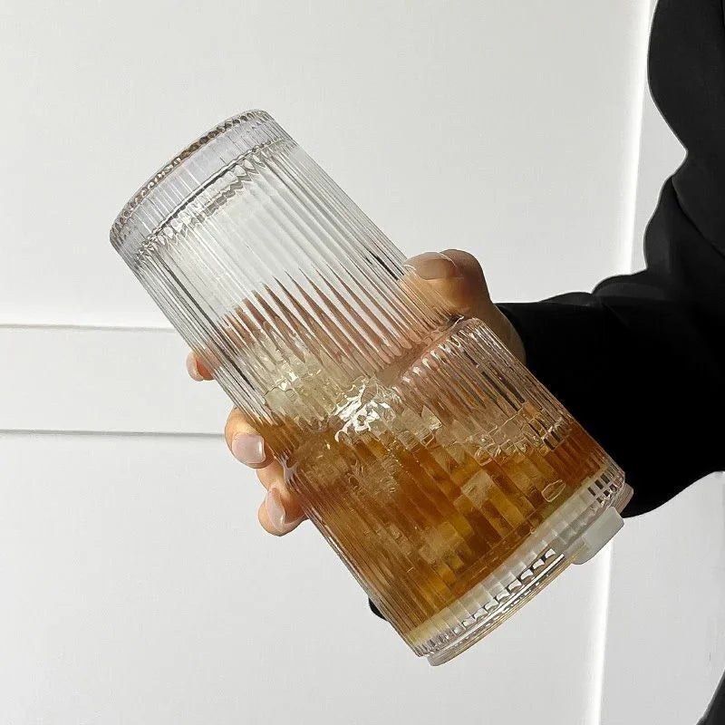 600ML Stripe Glass Coffee Cup with Lid and Straw – Transparent Drinking Glass for Juice, Milk, Tea, and Iced Coffee