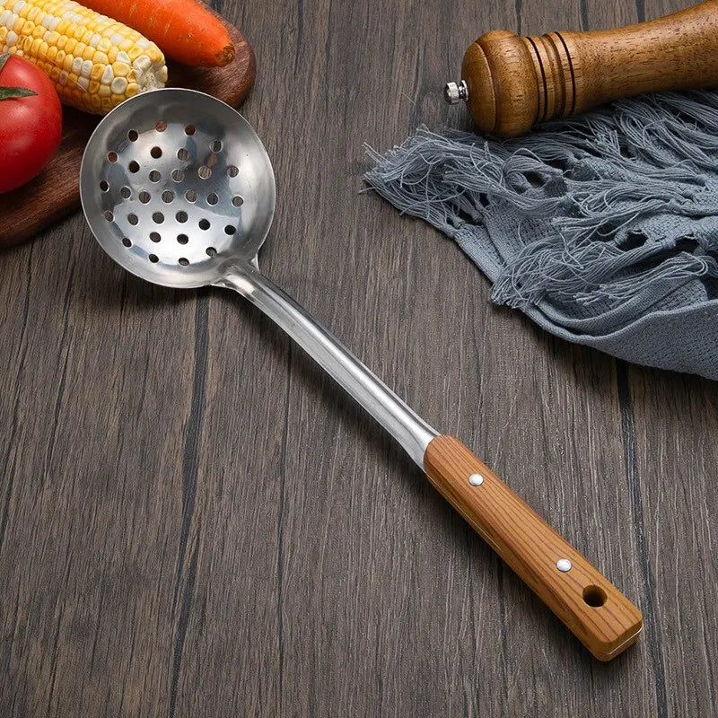 Stainless Steel Imitation Wood Grain Handle Spatula – Leaky Shovel Spoon, Set of 5 Kitchen Tools for Cooking