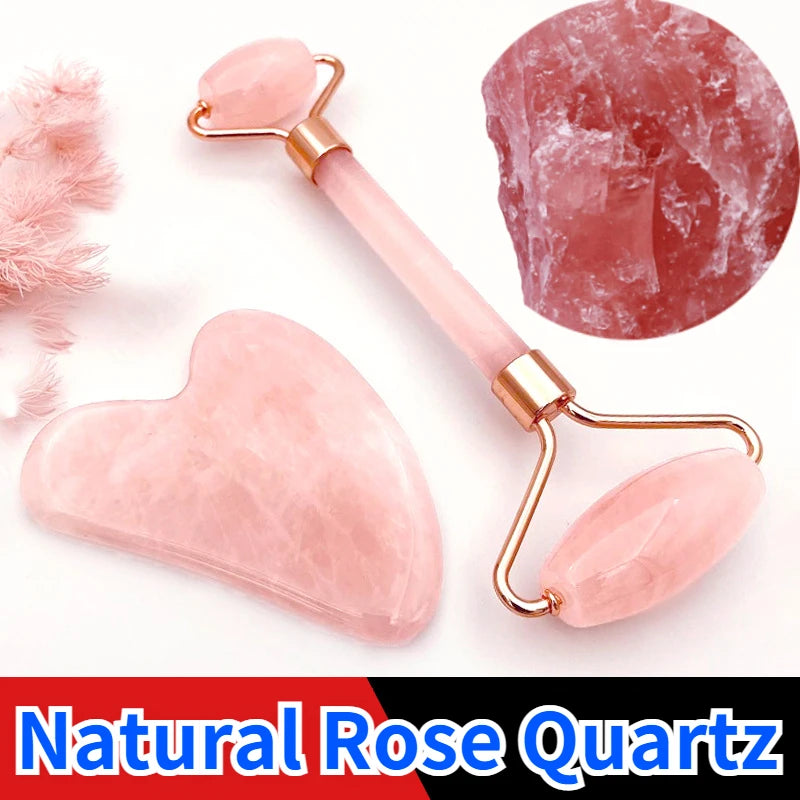 Rose Quartz Powder Crystal Jade Roller & Gua Sha Set – Natural Stone Beauty Tool for Facial Lift