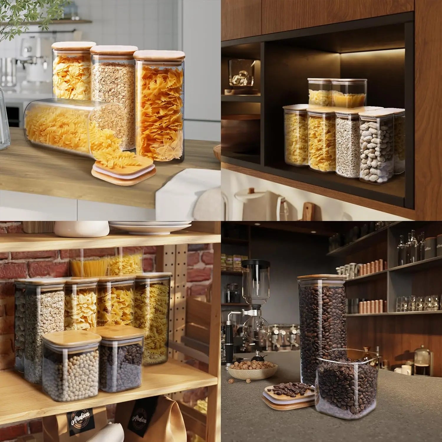 Square Glass Jars with Bamboo Lids – 27 FL OZ [Set of 6], Airtight Glass Food Storage Containers for Coffee, Spices, and Pantry Organization
