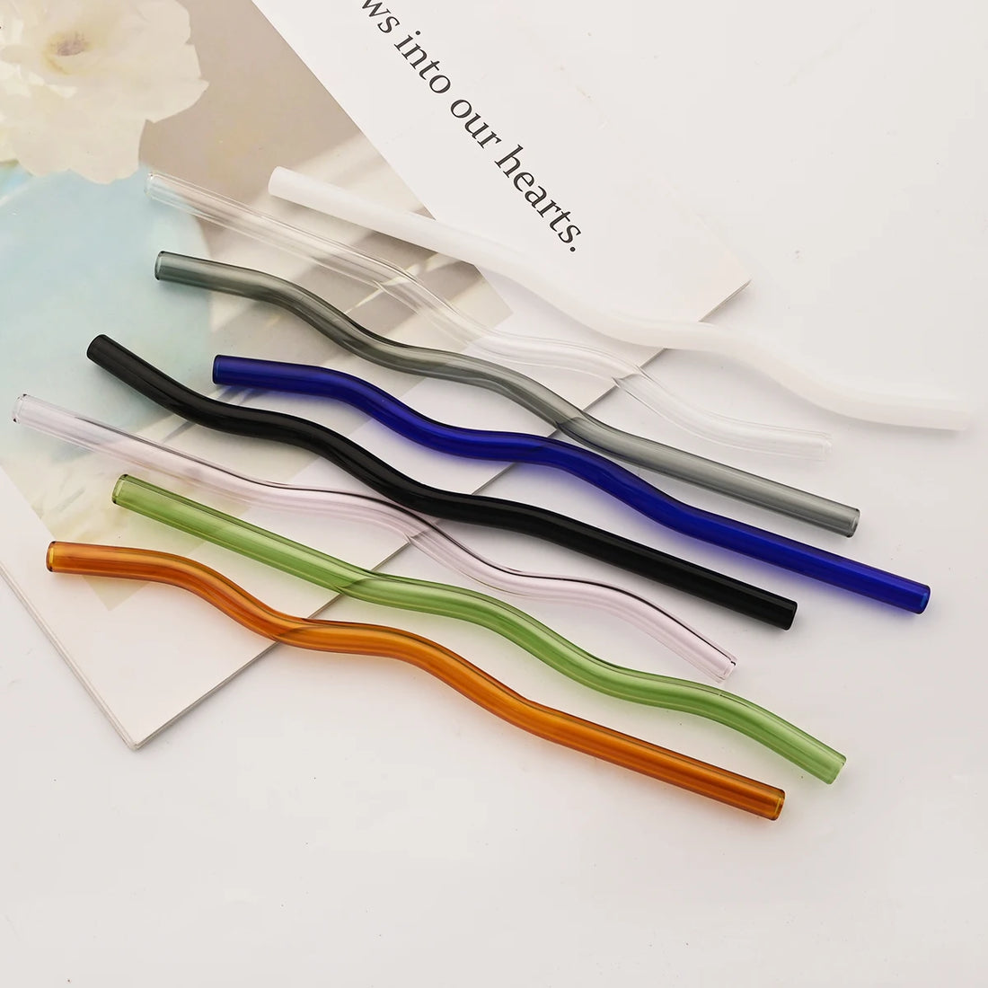 4PCS Wavy Glass Straws – Colorful Drinking Straw Set with Cleaning Brush