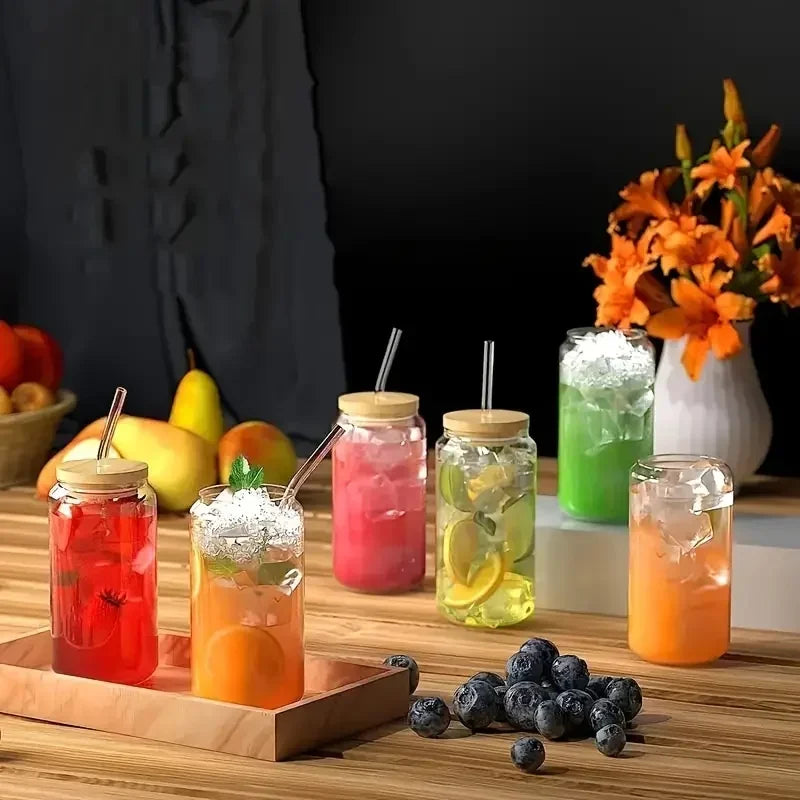 4/6-Piece Glass Cup Set – 17.8oz/550ml with Bamboo Lid and Straw – Mason Jar Water Cup