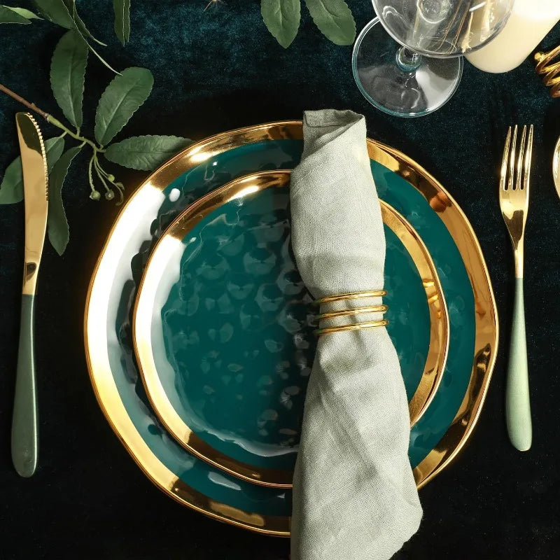 Florian Modern Porcelain 16-Piece Dinnerware Set – Green and Golden Rim, Plates and Bowls Set for 4