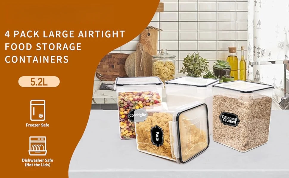 Large Airtight Food Storage Containers with Lids – Plastic Kitchen & Pantry Organization Containers for Cereal, Flour, and More