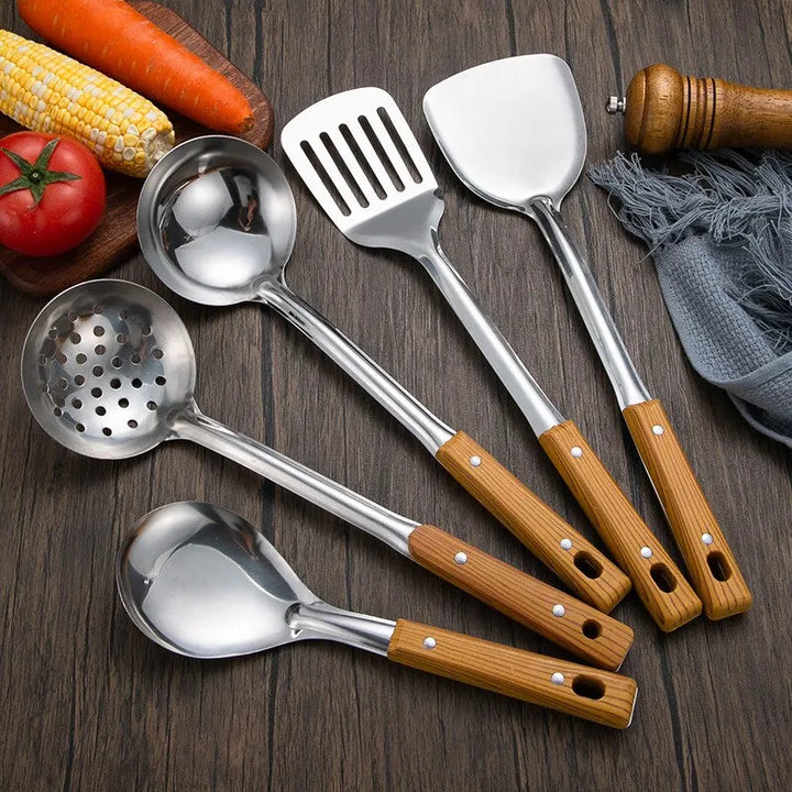 Stainless Steel Imitation Wood Grain Handle Spatula – Leaky Shovel Spoon, Set of 5 Kitchen Tools for Cooking