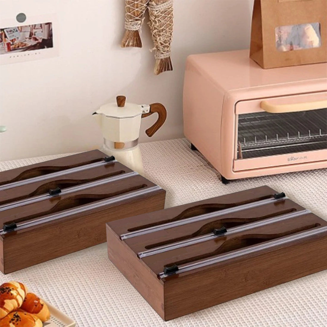 Bamboo Kitchen Wrap Dispenser with Foil & Film Cutter