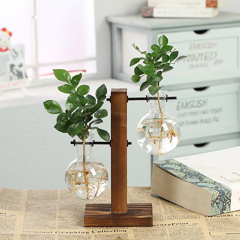 Wooden Frame Hydroponic Glass Vase – Desk Plant Decor