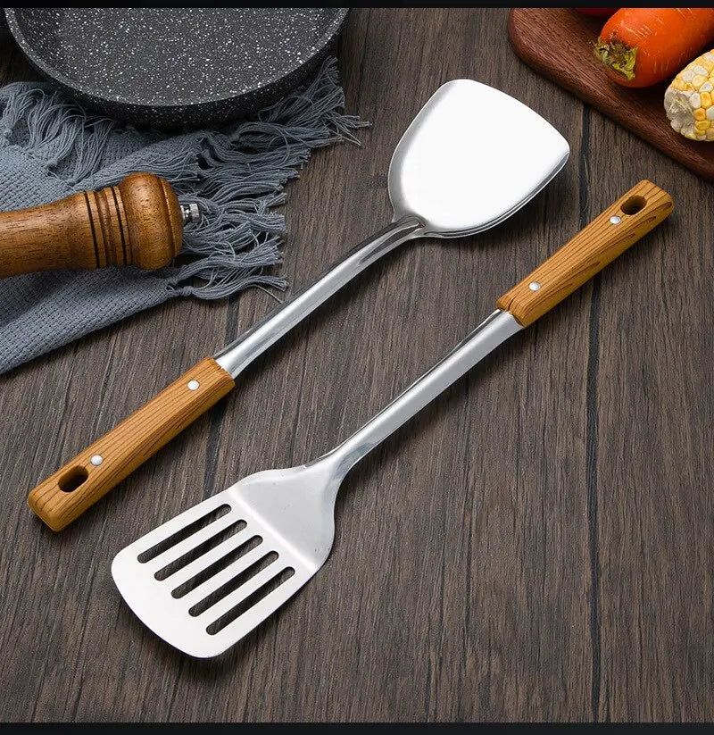 Stainless Steel Imitation Wood Grain Handle Spatula – Leaky Shovel Spoon, Set of 5 Kitchen Tools for Cooking