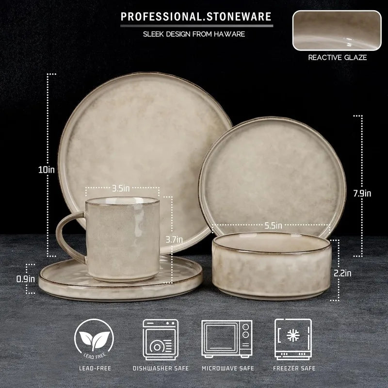 16-Piece Stoneware Dinnerware Set – Plates and Bowls Set for 4, Elegant Ceramic Dishware for Home & Restaurant