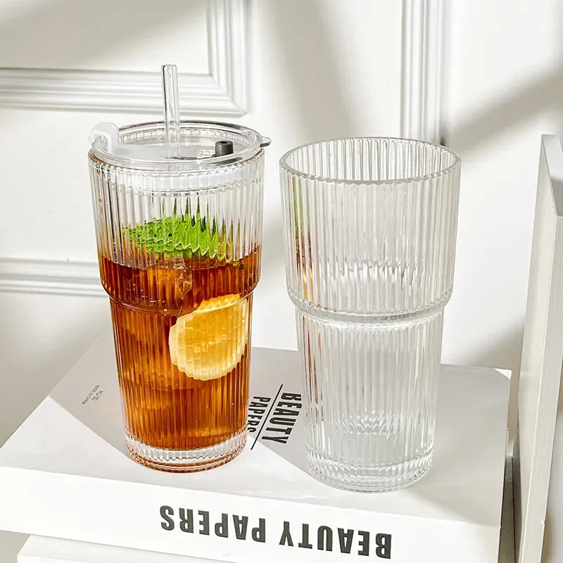 600ML Stripe Glass Coffee Cup with Lid and Straw – Transparent Drinking Glass for Juice, Milk, Tea, and Iced Coffee