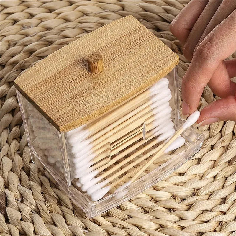 Cotton Swab Organizer with Bamboo Cover – Acrylic Round Makeup Storage Box