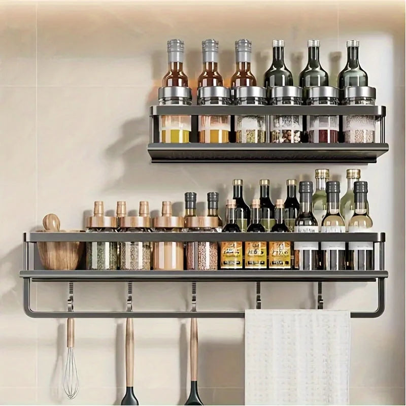 Aluminum Wall-Mounted Shelf – Multifunctional Kitchen Spice Storage Rack, Kitchen Space Management Solution