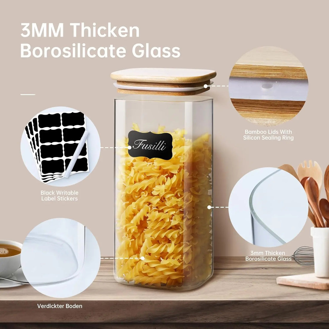 Square Glass Jars with Bamboo Lids – 27 FL OZ [Set of 6], Airtight Glass Food Storage Containers for Coffee, Spices, and Pantry Organization