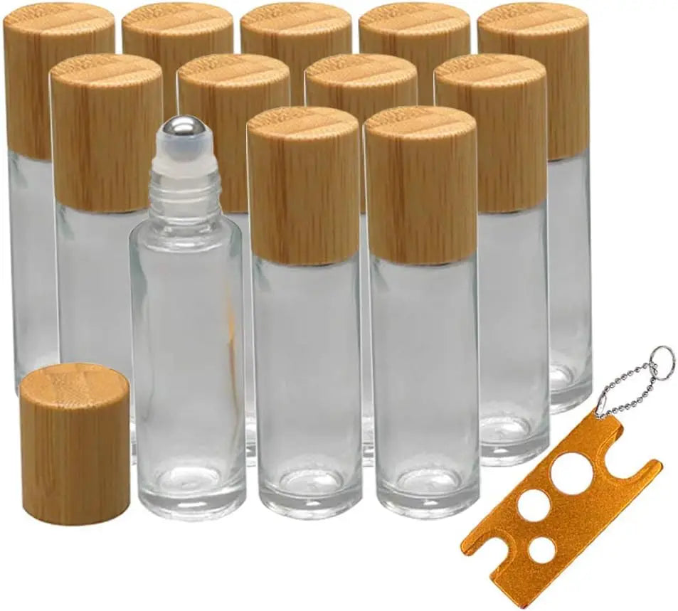 12pcs 10ml Glass Roll-On Bottles – Refillable Essential Oil & Perfume Bottles with Bamboo Lids