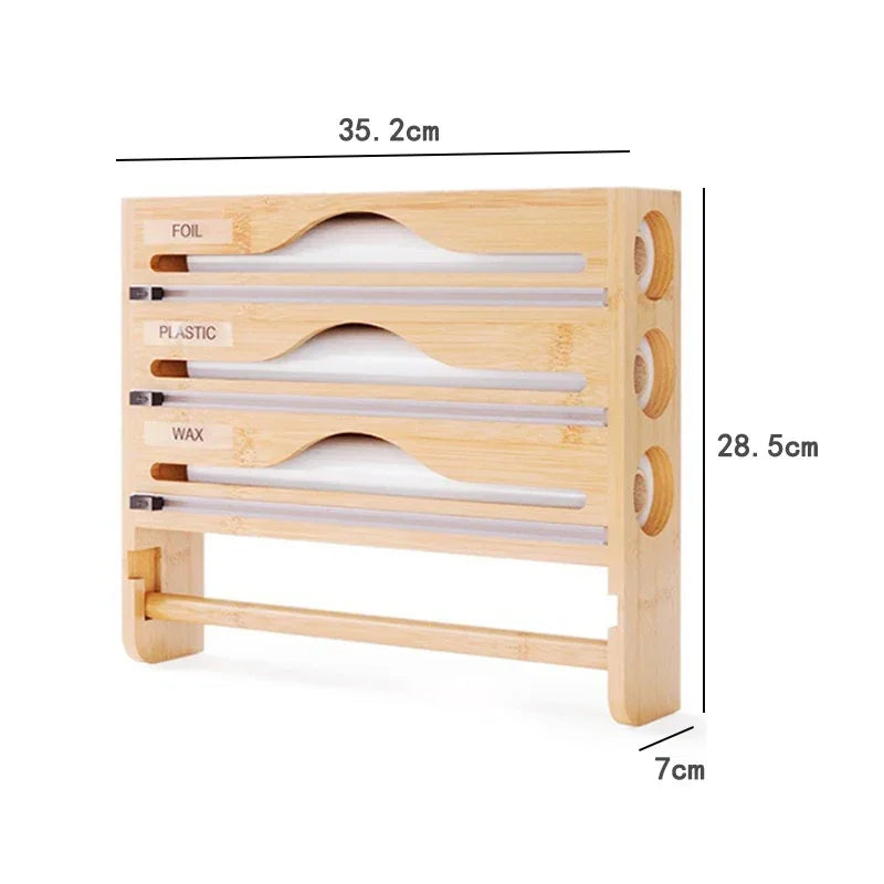 Bamboo Compartment Cling Film and Tin Foil Cutter Box – Wall-Mounted Paper Towel and Kitchen Organizer