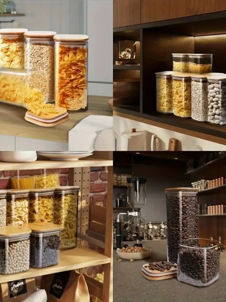 2/4 Pieces, 540ML/1000ML Glass Food Storage Jar with Bamboo Lid – Square Sealed Kitchen Container Set