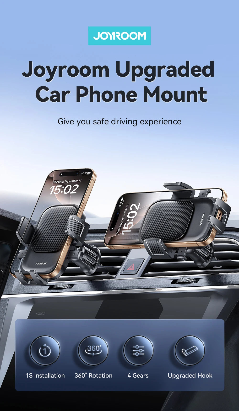Joyroom Car Phone Holder – Air Vent Mount with 360° Rotation for iPhone, Samsung, Xiaomi, Huawei