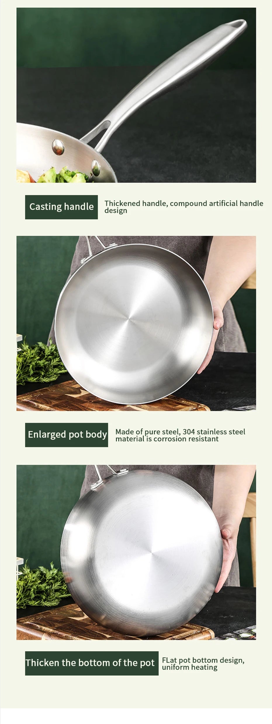 304 Stainless Steel Frying Pan – Non-Stick Pan for Fried Steak, Uncoated Kitchen Cookware for Gas Stoves and Induction Cookers