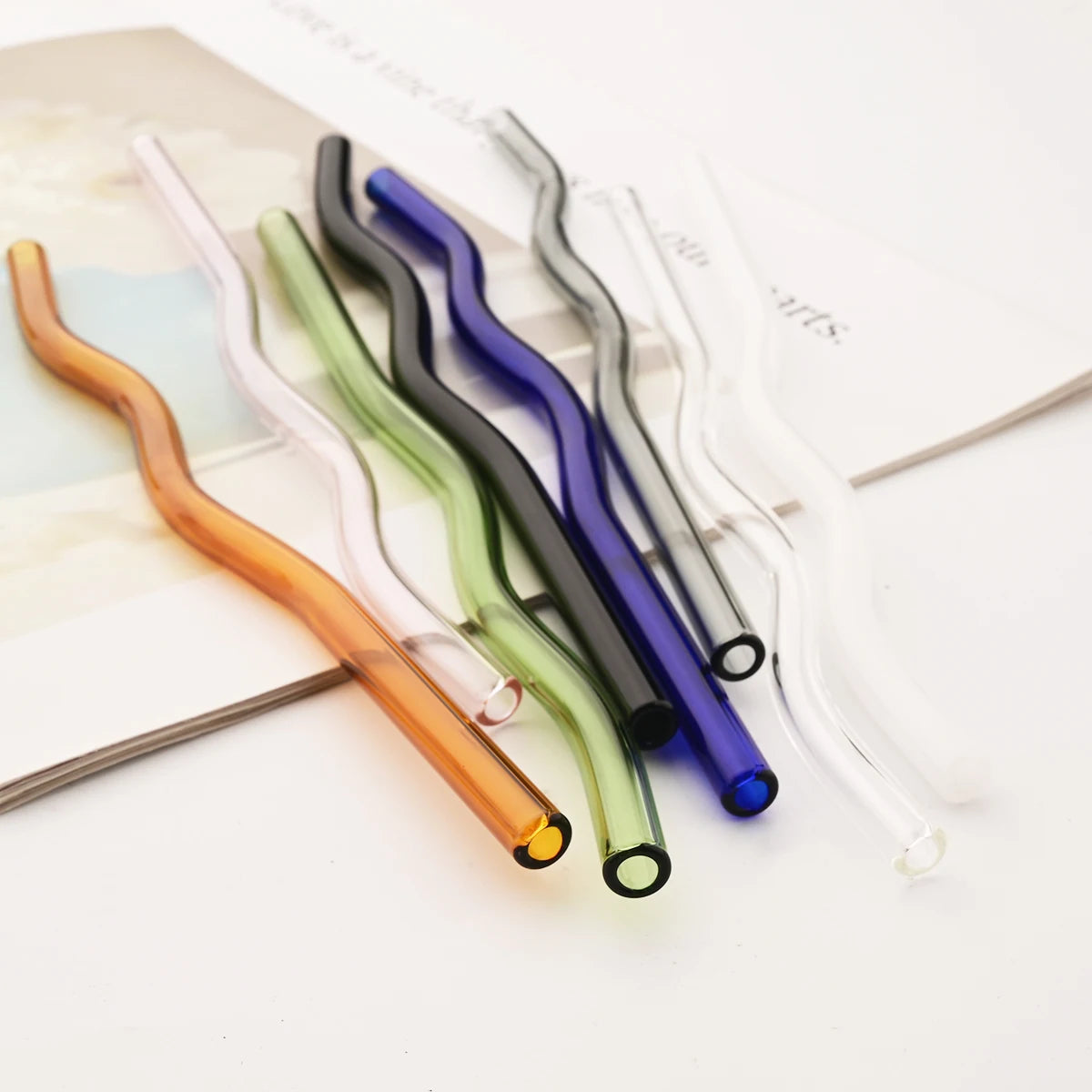 4PCS Wavy Glass Straws – Colorful Drinking Straw Set with Cleaning Brush