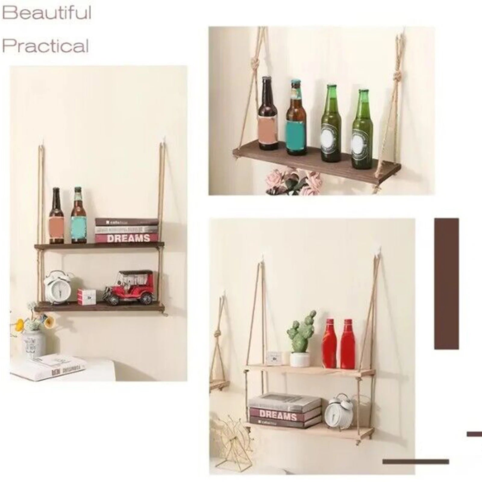 Wooden Hanging Rope Shelves – 1/2/3-Tier Wall Decor