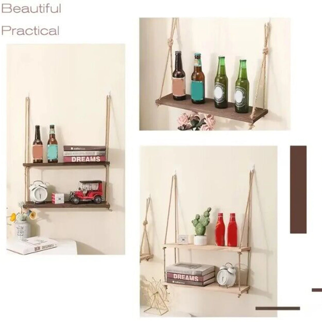 Wooden Hanging Rope Shelves – 1/2/3-Tier Wall Decor