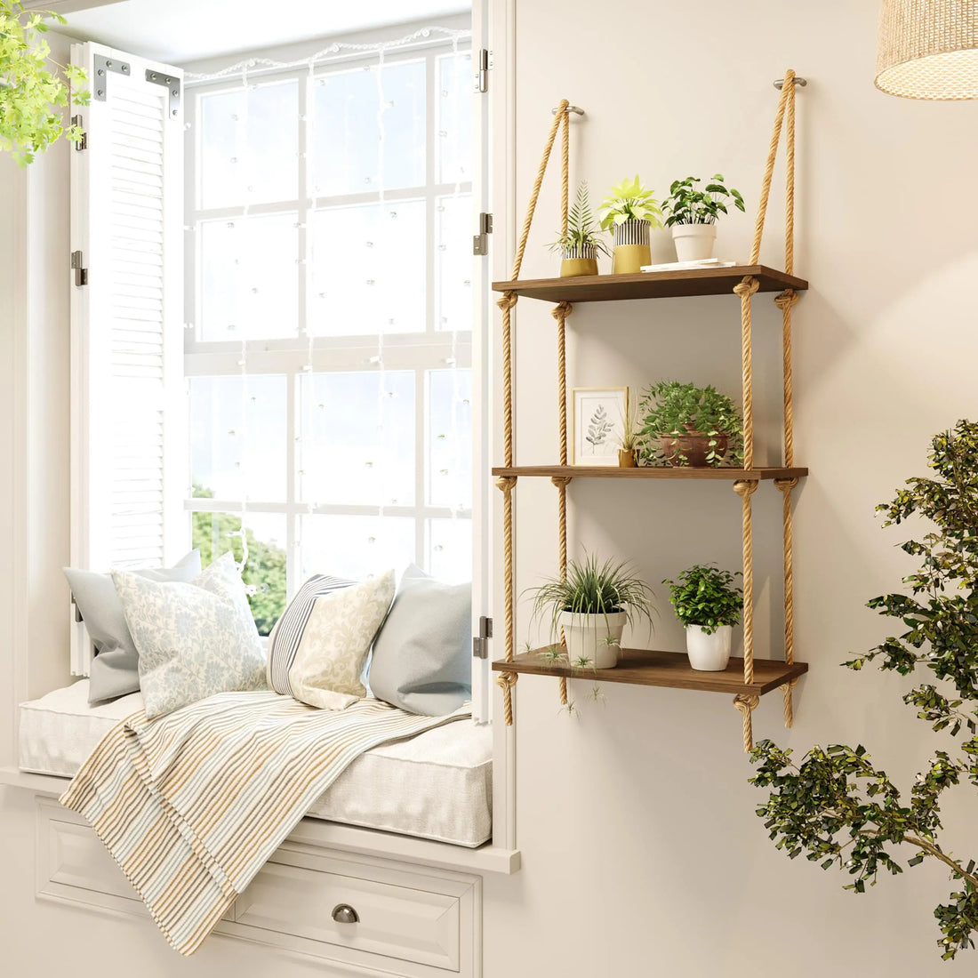 Boho Black Hanging Wall Shelves with Macrame Hanger