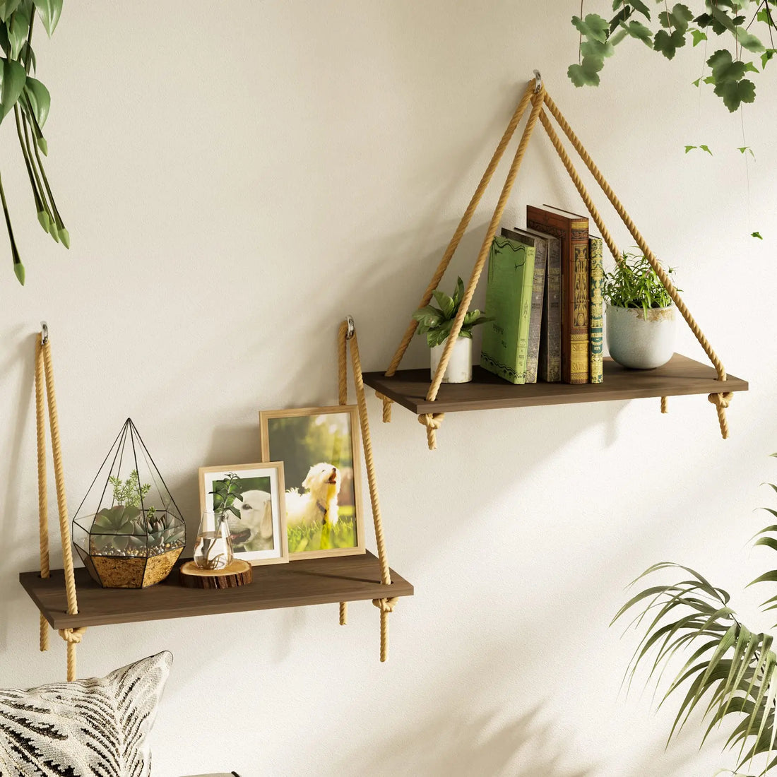 Boho Black Hanging Wall Shelves with Macrame Hanger