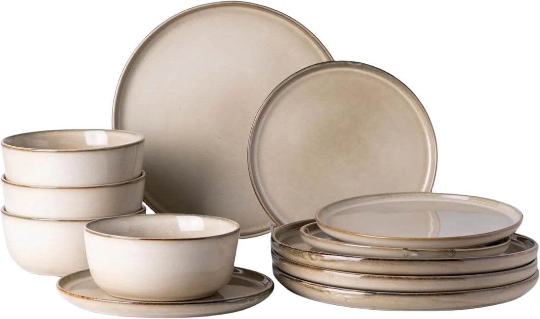 Ceramic Dinnerware Set for 4 – 12 Pieces Stoneware Plates and Bowls, Reactive Glaze, Scratch Resistant