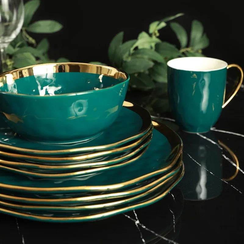 Florian Modern Porcelain 16-Piece Dinnerware Set – Green and Golden Rim, Plates and Bowls Set for 4