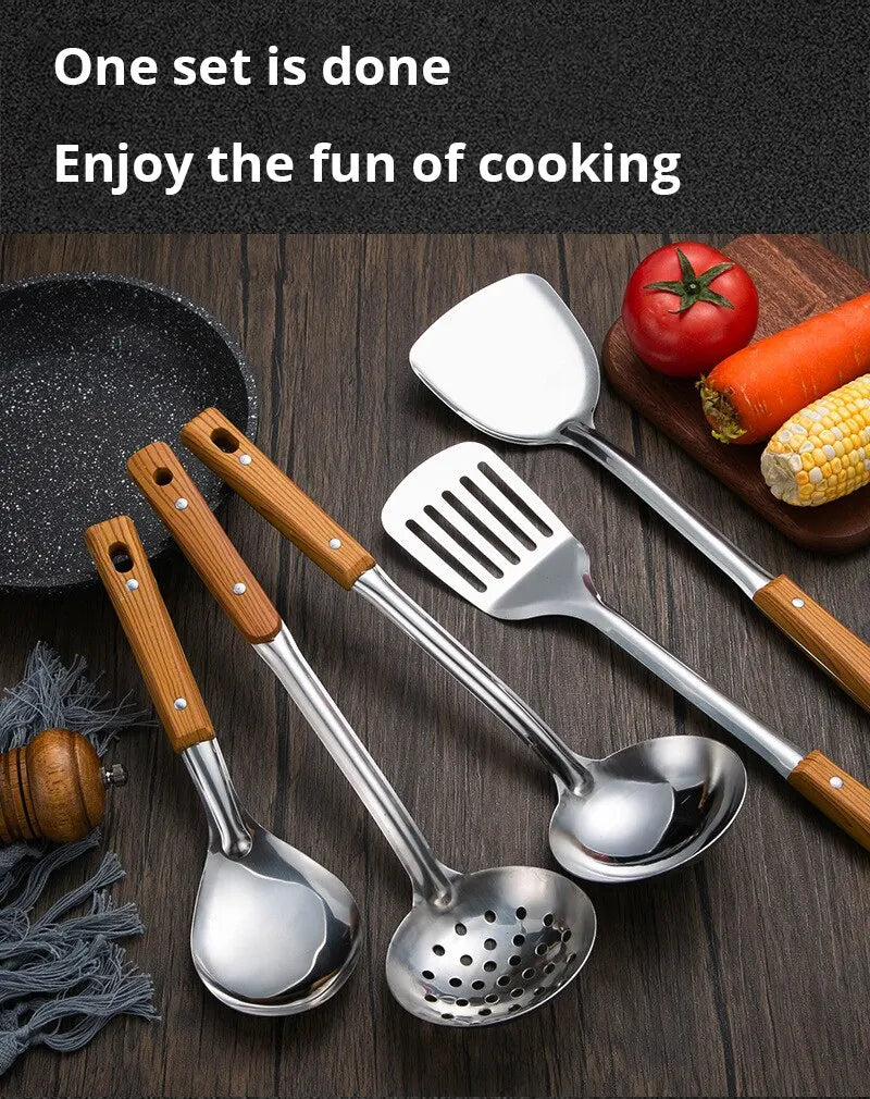 Stainless Steel Imitation Wood Grain Handle Spatula – Leaky Shovel Spoon, Set of 5 Kitchen Tools for Cooking