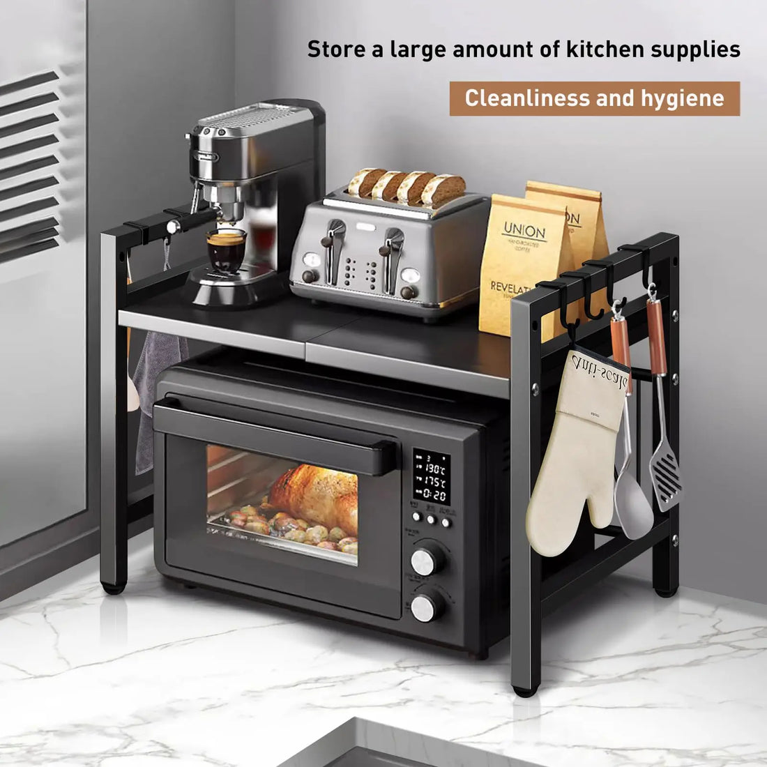 Expandable Microwave Shelf Organizer – 42–64cm Adjustable Countertop Rack