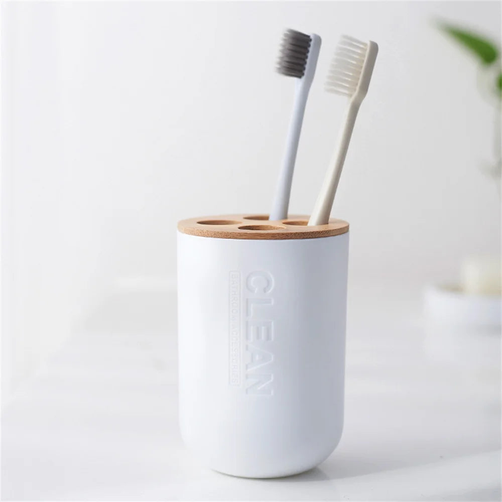 White Simple Home Bathroom Supply Bamboo Soap Dish Mouthwash Cup Toothbrush Holder Storage bottle Wash Rack Bathroom Wash