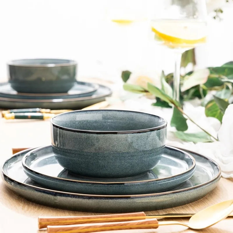 Ceramic Dinnerware Set for 4 – 12 Pieces Stoneware Plates and Bowls, Reactive Glaze, Scratch Resistant