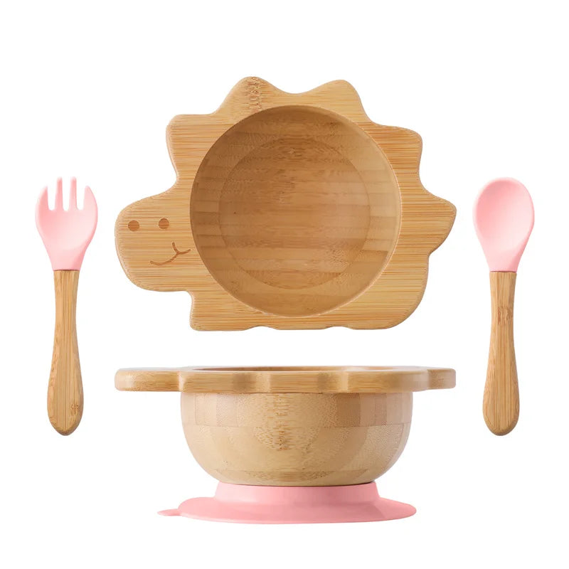 Baby Wooden Tableware Set - Bamboo Plate, Bowl, Fork & Spoon