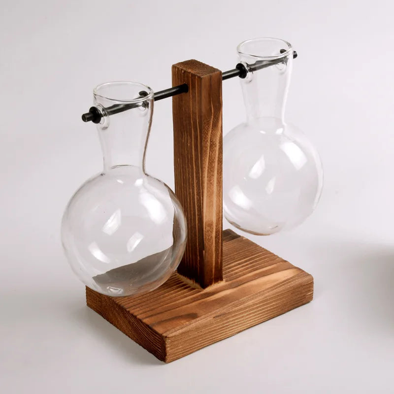 Wooden Frame Hydroponic Glass Vase – Desk Plant Decor