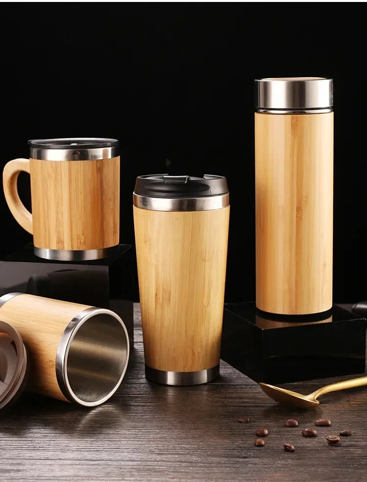 Stainless Steel Bamboo Thermos – 16oz Vacuum Insulated Water Bottle with Flip Lid
