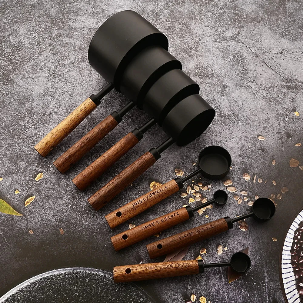 1/4/8PCS Measuring Cup Spoon Set – Stainless Steel with Wooden Handle, Coffee, Flour, Bartending & Kitchen Cooking Gadget