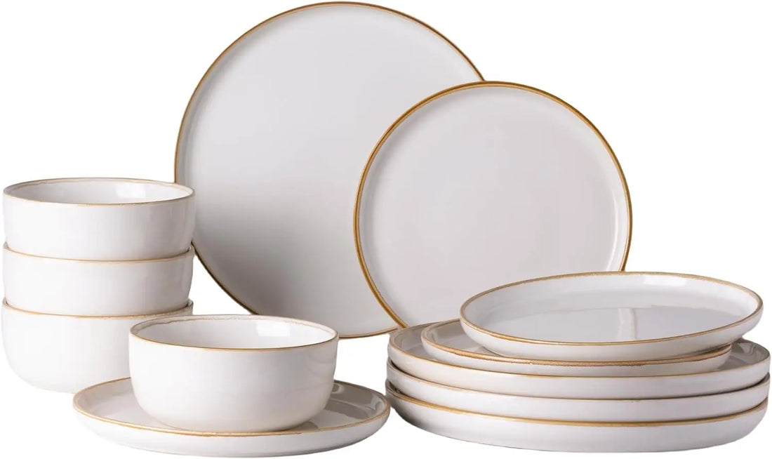 Ceramic Dinnerware Set for 4 – 12 Pieces Stoneware Plates and Bowls, Reactive Glaze, Scratch Resistant