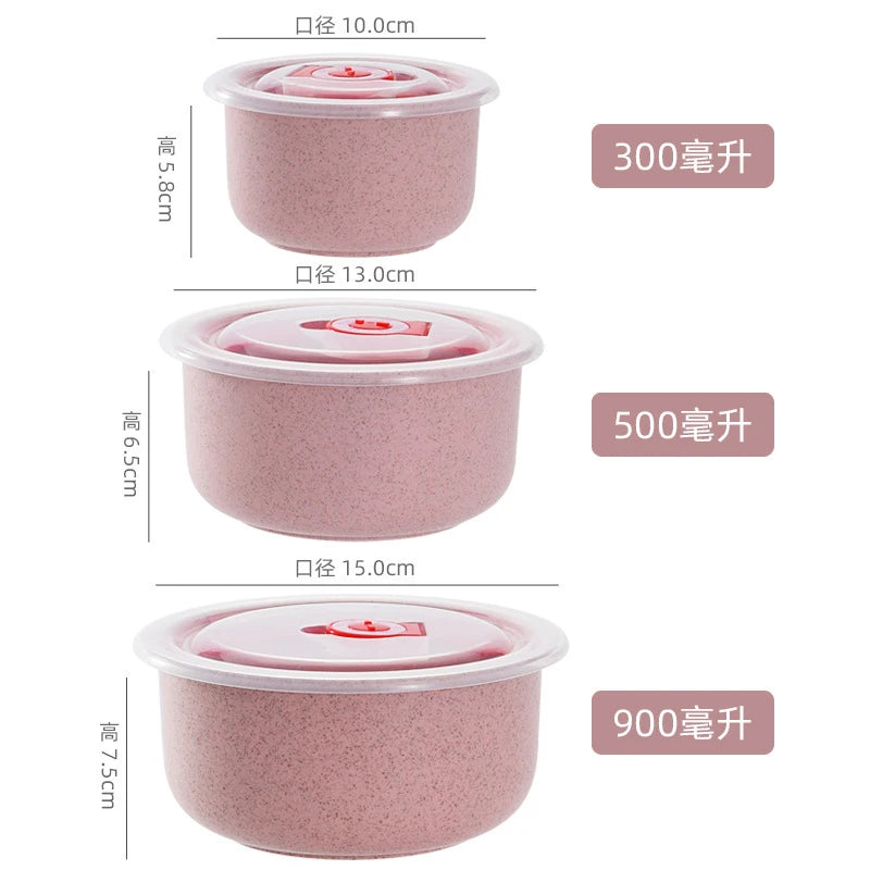 3PCS Wheat Straw Fresh-Keeping Bowl Set – Microwaveable Plastic Round Lunch Box with Lid