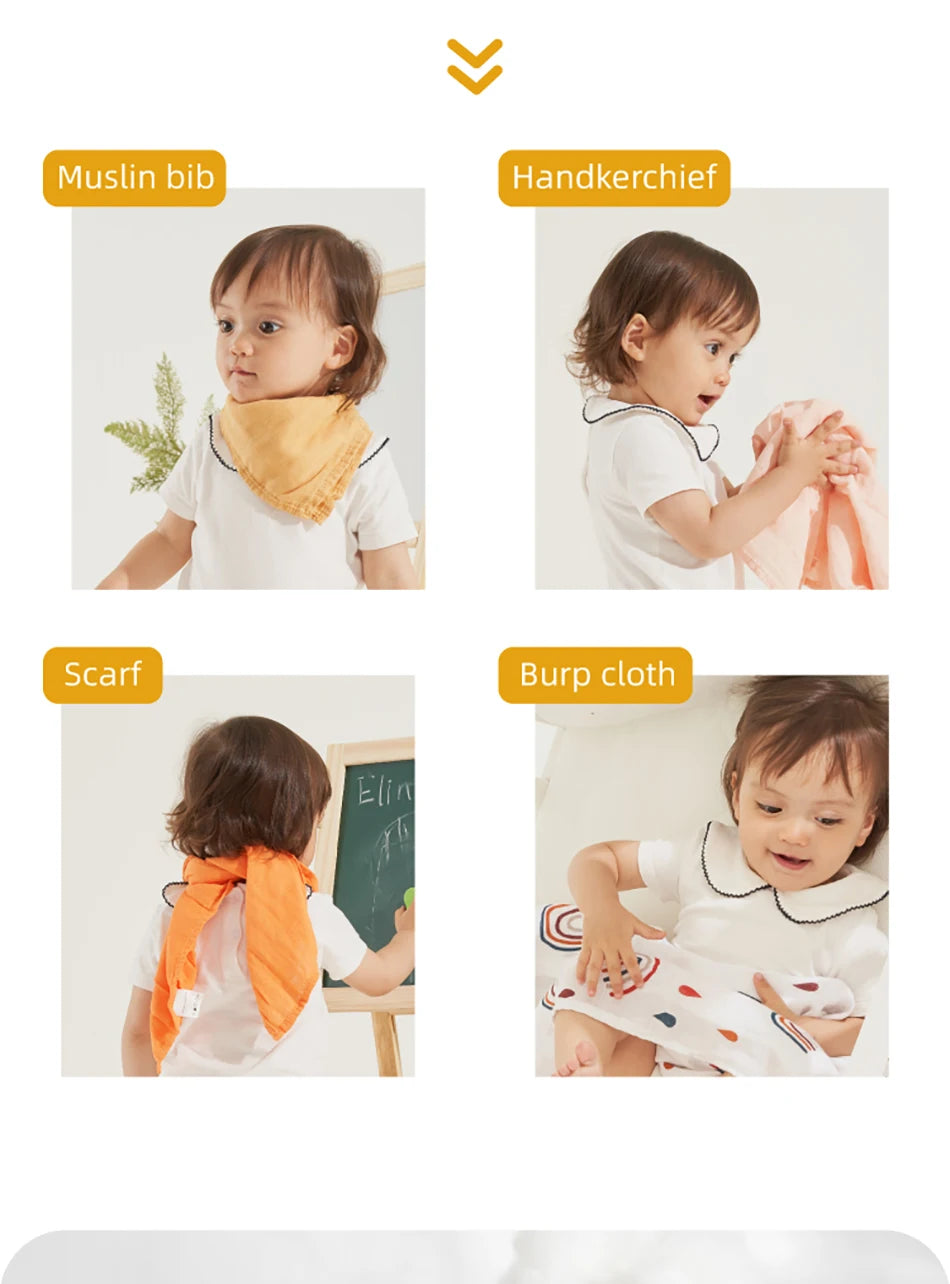 5PCS Gift Set Bamboo Cotton Muslin Bib & Burp Cloth – 60x60cm, 2 Layers Baby Scarf Handkerchief