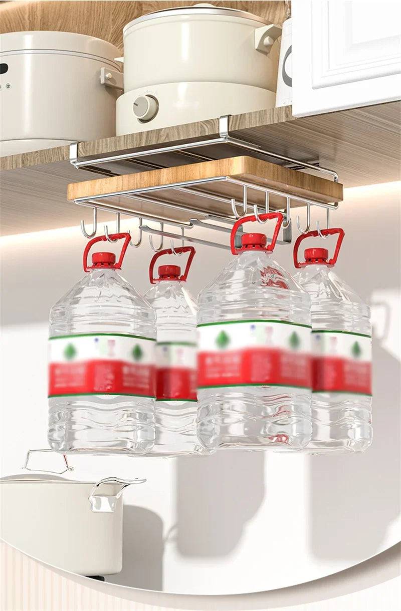 Stainless Steel Kitchen Hanging Organizer Rack – Hooks, Towel Bar, Pot Lid & Cutting Board Storage